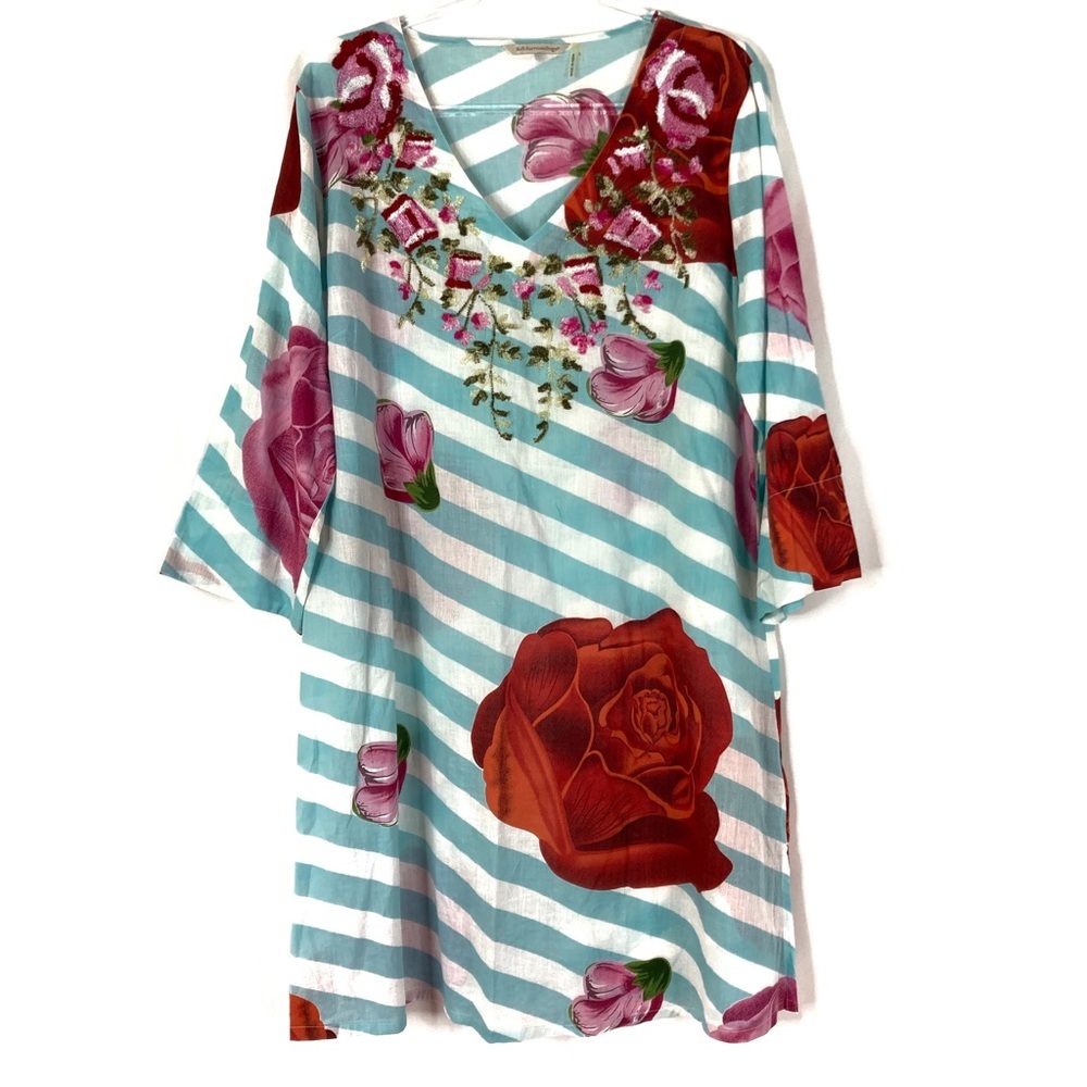 Soft Surroundings | Embroidered Floral Stripe V-Neck Swimsuit Coverup L